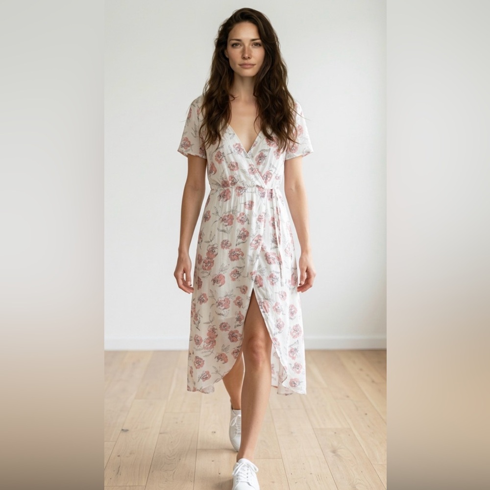 Everly Cream Wrap Midi Dress with Pink Floral Print